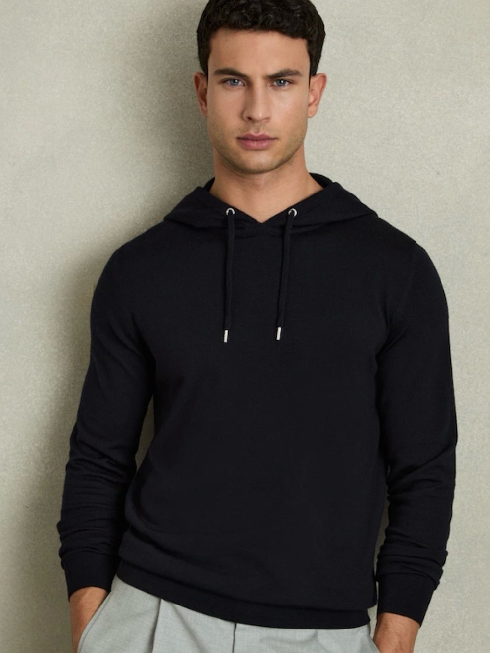 Reiss Navy Blue Holland Wool Drawstring Hoodie SZ Large Quiet Luxury Casual EUC
